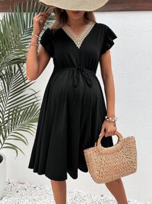 SHEIN Thai sản Màu sắc Chặn Ren Nối Xù Hoa Sen Eo dây rút Đầm - màu đen - Xem 1