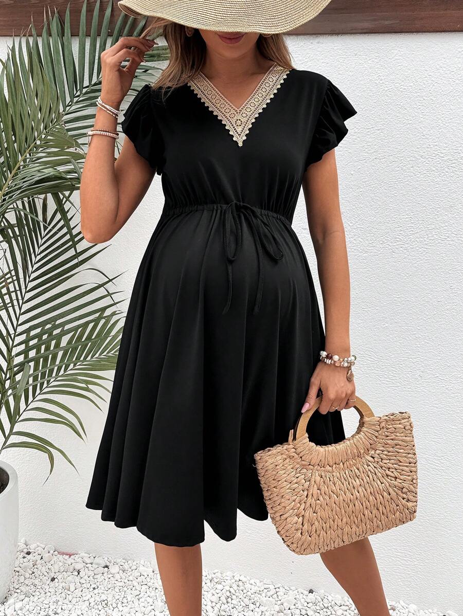 SHEIN Thai sản Màu sắc Chặn Ren Nối Xù Hoa Sen Eo dây rút Đầm - màu đen - Xem 1