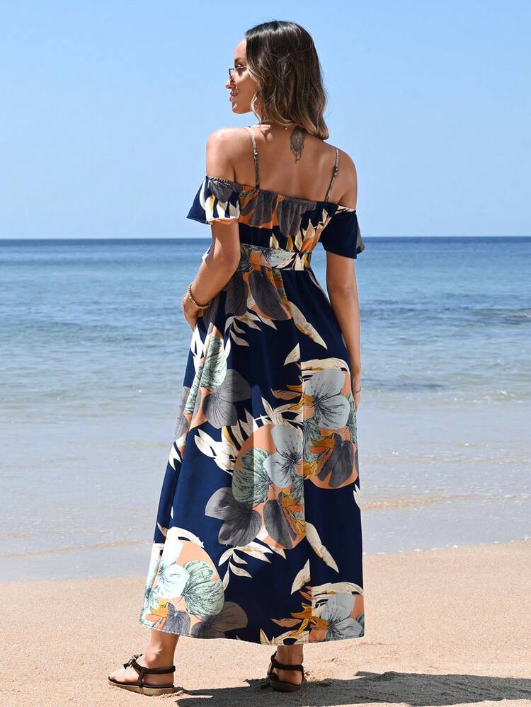 Maternity Cold Shoulder Short Sleeve Dress With Tropical Plant Print