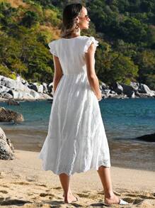 SHEIN Tropical Vacation V-Neck Ruffle Trim Sleeve Maternity Midi Dress - White - View 2