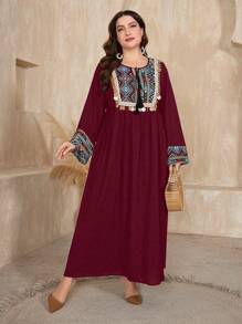 Al Najma Quần áo Ả Rập in họa tiết hình học chắp vá cỡ lớn màu đỏ tía cho nữ - Màu Đỏ Sâu - Xem 3