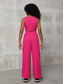 SHEIN Leap Crew Tween Girl's Casual Spring/Summer Plain Woven Sleeveless Top And Pants Set - Hot Pink - View 2