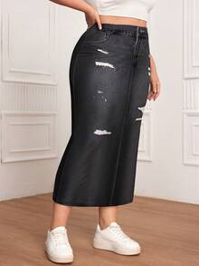 SHEIN Essnce 加大尺碼牛仔效果高腰A字裙（非真牛仔） - 黑色 - 查看 5