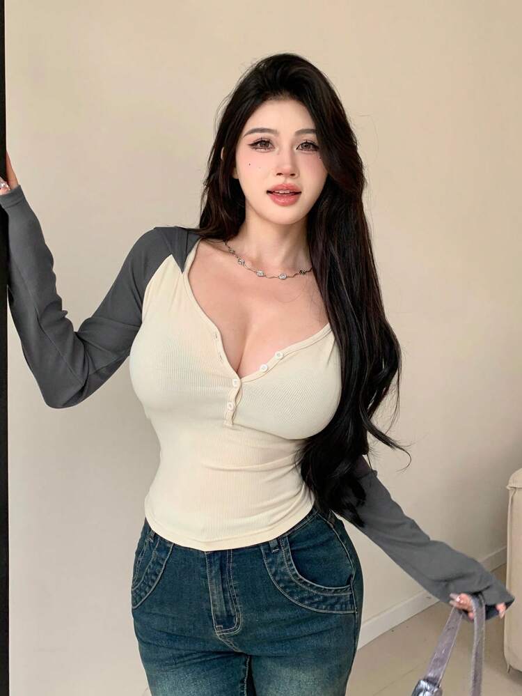Women's Contrast Color Drop Raglan Sleeve Hooded T-Shirt,Fall Clothes Long Sleeve Women Tops