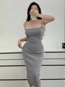 DAZY Vestido de tirantes acanalado de unicolor para mujer - Gris Claro - Ver 8