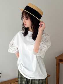 FRIFUL Ladies Lace Patchwork Stand Collar T-Shirt - White - View 3