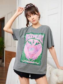 SHEIN Teen Girl Knitted Street Style Letter Print Loose Fit Long Short Sleeve T-Shirt With Round Neck