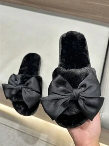 Fall/Winter Women's Elegant Black Bowknot Flat Plush Open Toe Slippers For Valentine's Day, Party And Home,Fluffy Slippers - Black - View 4