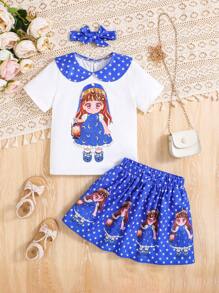 SHEIN Young Girl Cute Peter Pan Collar Short-Sleeved Top And Skirt 2-Piece Set With Printed Patchwork - Blue - View 1