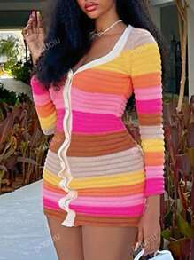 Color Block Button Front Bodycon Sweater Dress