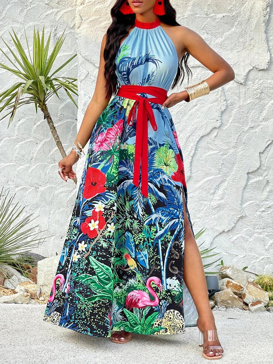 Women's Halter Neck Tie Waist Tropical Plant Print Dress With Slit - Blue - View 1