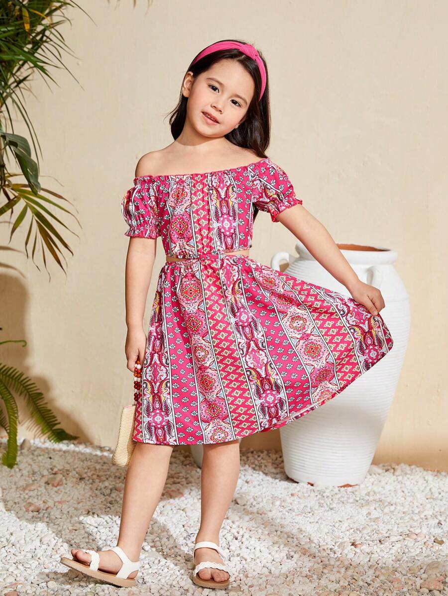 SHEIN Young Girl Woven Flower Print Off Shoulder Jumpsuit Dress For Leisure & Vacation - Multicolor - View 1