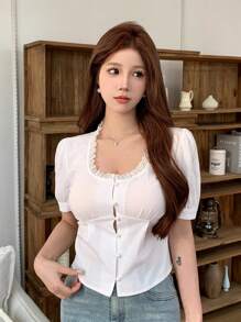 DAZY Camisa De Manga Corta Con Cordones Y Color Sólido Con Ajuste A La Cintura