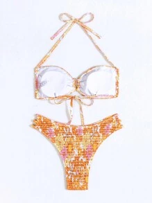 SHEIN Swim Women's Y2k Floral Print Smocked Halter Strap Separate Bikini Set Summer - Multicolor - View 5