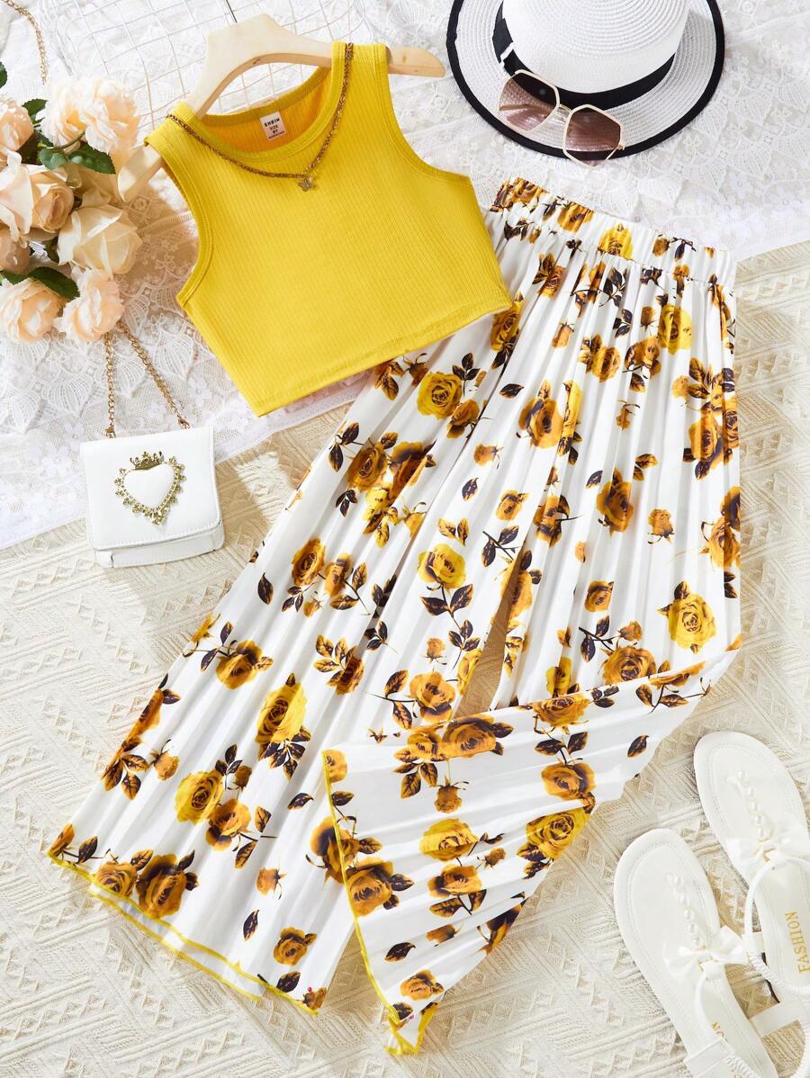 Tween Girl 2pcs/Set Solid Color Round Neck Top And Flower Printed Pants - Yellow - View 1