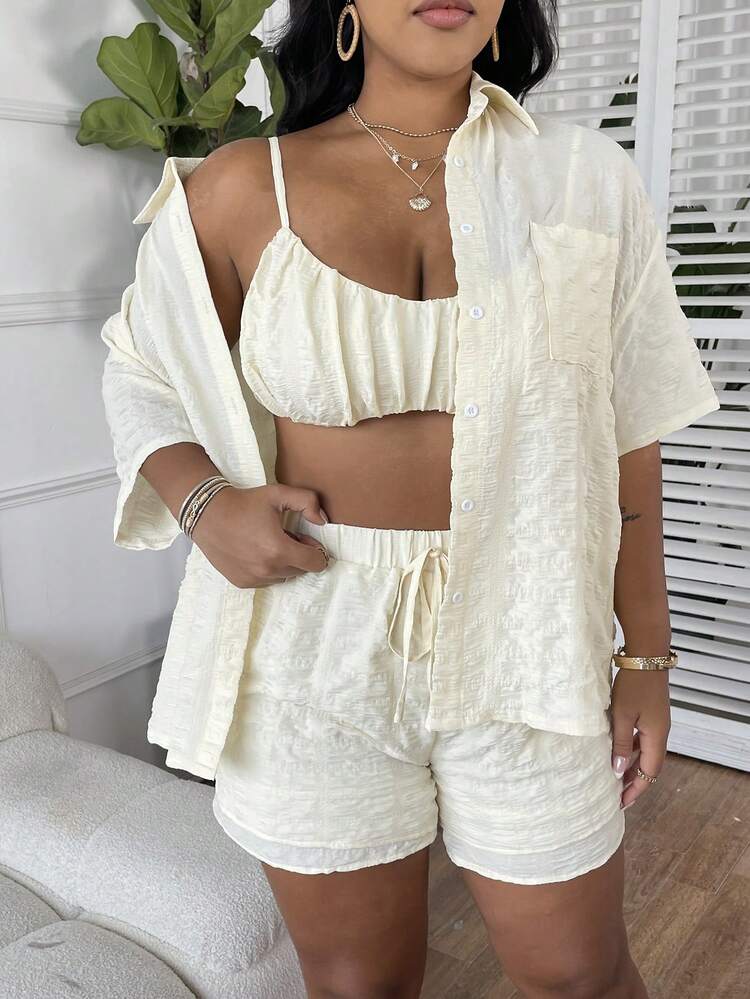 Plus Size Solid Color Textured Fabric Shirt & Tie-Waist Shorts Set