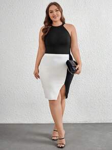 SHEIN Privé Áo ba lỗ cổ không tay có ren phối ren dành cho nữ cỡ lớn - màu đen - Xem 4