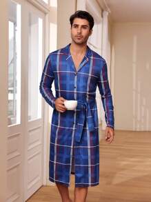 Men's Plaid Long Sleeve Homewear Robe - Multicolor - View 4