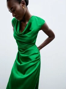 Maija Women's Draped Neck Pure Green Pleated Satin Dress - Green - View 1