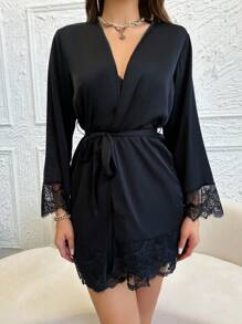 طقم بيجامة مع حزام الخصر، مزين بالدانتيل ذو لون واحد، ملابس شتوية دافئة وأنيقة - الأسود - مشاهدة 4