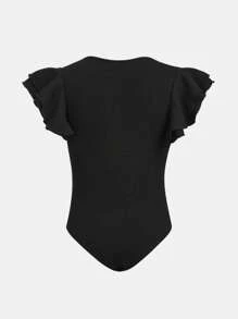 SHEIN Girlism Tween Girl Knitted Solid Color Short Flutter Sleeve Casual Bodysuit - Black - View 2