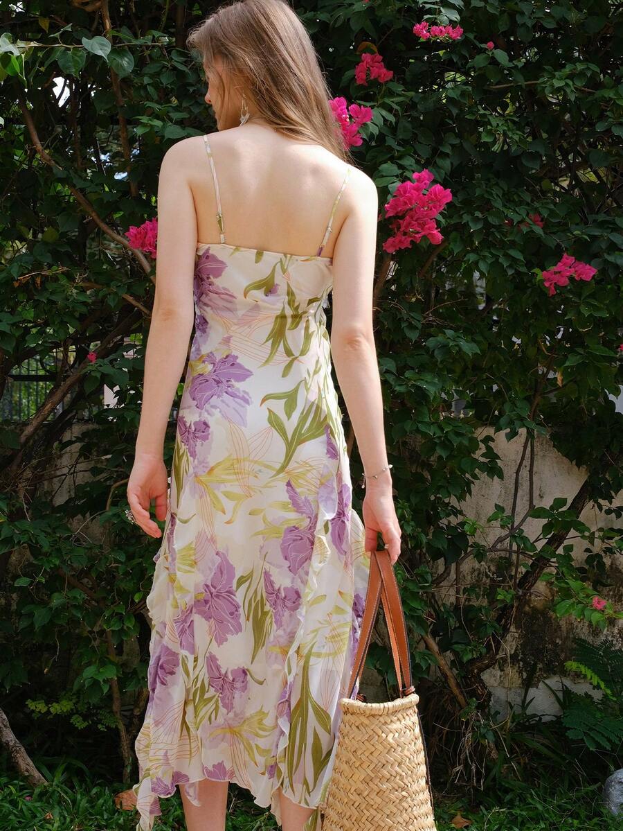 Váy hai dây hở lưng in hoa cổ xếp ly bất đối xứng viền bèo nhún - Màu tím hoa cà - Xem 1