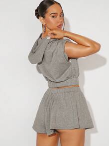 SHEIN Unity Zip Sleeveless Hoodie & Shorts Two Pieces Set - Light Grey - View 2