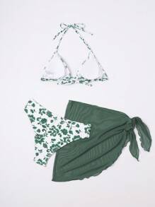 Swim Mod Floral Print Halter Neck Bikini Set With Separated Design, Bikini Set Bathing Suit Beach Outfit Summer Vacation,Summer Beach - Green - View 2