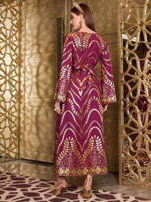 Al Najma Women'S Arabian Back Tie Plant Printed Dress, Evening Modest Jalabiya