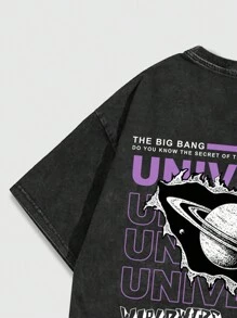 ROMWE MEN Street Life Męski T-shirt z krótkim rękawem i okrągłym dekoltem z nadrukiem w kształcie litery i planety, odpowiedni do noszenia na co dzień wiosną i latem, do szkoły