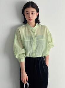 FRIFUL Women's Stand Collar Drop Shoulder Long Sleeve Shirt Sheer