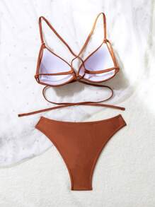 SHEIN Swim Conjunto de bikini con sujetador de correa de espagueti y escote en V y Bottom de unicolor, traje de baño separado para nadar adecuado para playa de verano