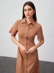 Seusyu 女士純色短袖襯衫裙 - 摩卡棕 - 查看 7