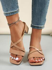 Giày sandal đế bệt nữ, màu mơ, cao gót dày, quai ngang mắt cá chân và hở ngón, giày da PU thanh lịch, trang phục mùa xuân hè. - Màu be - Xem 3