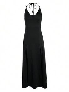 Summer Sexy V-Neck High Slit Backless Halter Dress - Black - View 3
