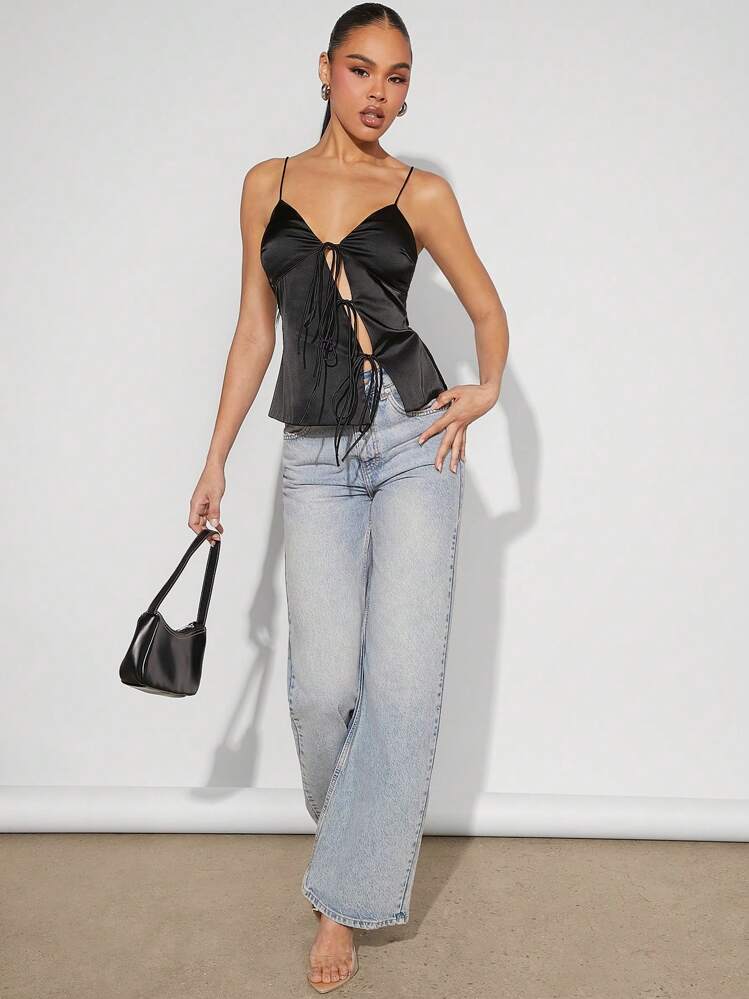 Denimoi Regata Assimétrica de Cetim com Amarração Frontal Preta para Mulheres, Top Sexy para Sair, Top com Alças Finas para Festa, Concerto Country, Festival Rave, Roupa de Balada - Preto - Visão 3