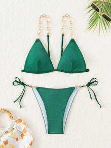 SHEIN Swim 女式链条绑带后背结饰分体比基尼套装夏季海滩 - 墨綠色 - 查看 1