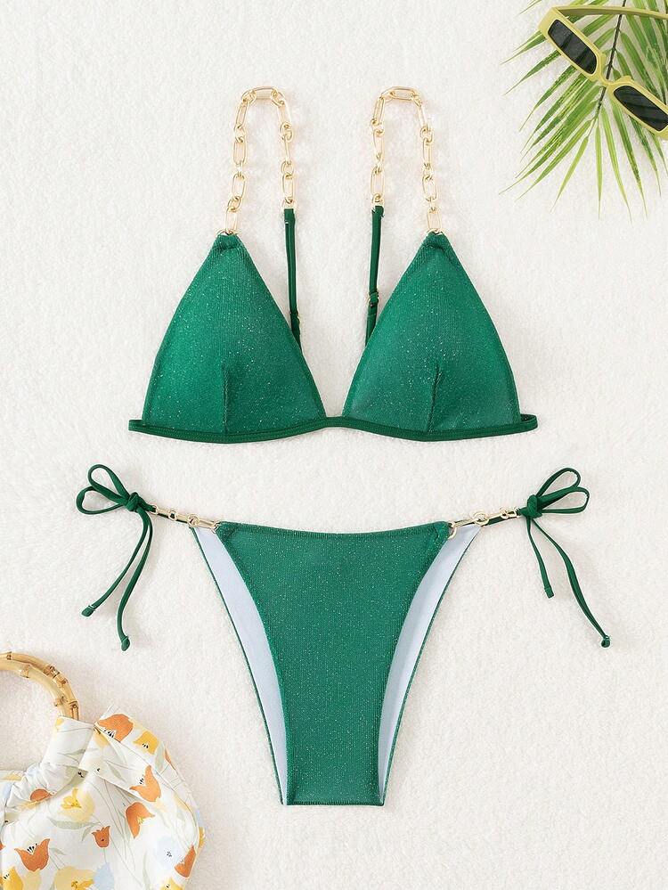 Ladies' Chain Strappy Back Knot Detail Separated Bikini Set Summer Beach