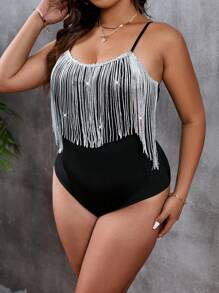 Celure Große Größen bestickter Quasten Patchwork Weich Gestrickt Eleganter Party Bodysuit