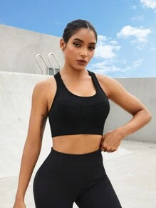 Easithlete Solid Color Round Neck Cut Out Sports Bra With Workwear Style Backless Sports Brayoga Suitblack Sports Brahigh Support Sports Bra - Black - View 7