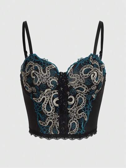 Goth Snake & Floral Embroidery Lace Trim Cami Top