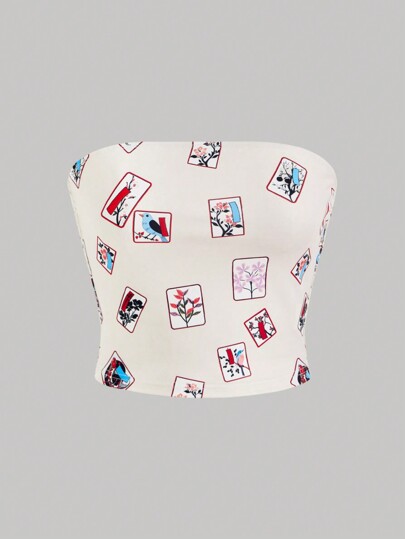 SHEIN Qutie Y2K Flower Printed Casual Tube Top