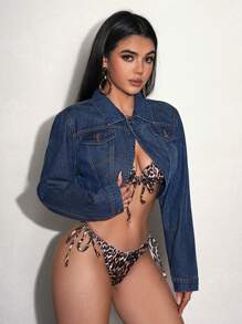 SHEIN SXY 女單排扣短版長袖牛仔夾克 - 深色水洗藍 - 查看 6