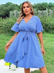 SHEIN Holidaya Kích thước lớn In vết tròn Polka Váy quấn - Màu xanh lam - Xem 3