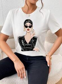 SHEIN Essnce Casual American Style Graphic Print Short Sleeve Crew Neck Fitted T-Shirt For Women, Suitable For Summer - White - View 4