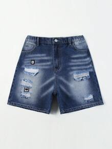 Teen Boy Ripped Distressed Washed Denim Shorts With Letter & Patch Detail - Medium Wash - View 1