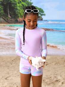 Tween Girl Random Print Raglan Long Sleeve Top And Shorts Tankini Set - Pink - View 3