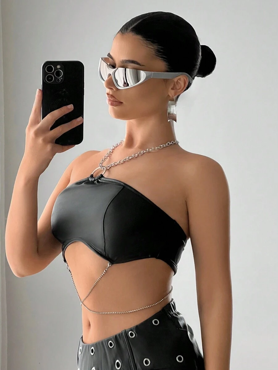 SHEIN ICON Débardeur Ajusté À Col Halter Et Bretelles Chaîne - Noir - Voir 1
