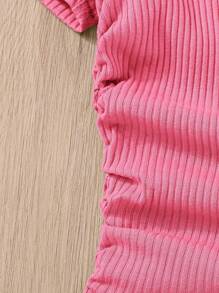 SHEIN Teen Girl Knitted Color Block Mock Neck Pleated Short Sleeve Casual T-Shirt