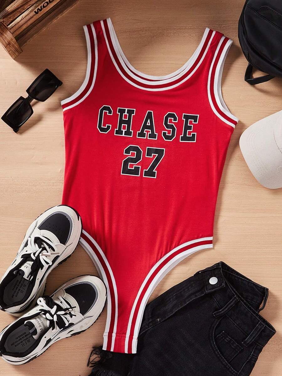 SHEIN EZwear 紅色字母印花女士連身衣 - 紅色 - 查看 1